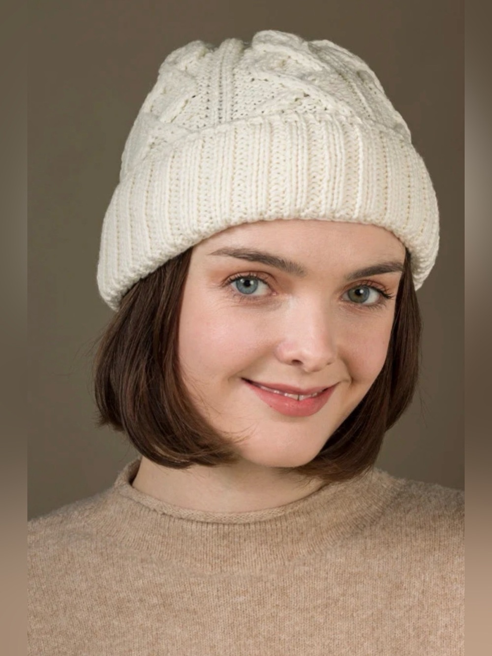 Anne Klein by Aris Wool-Blend Cable Knit Beanie - Cream